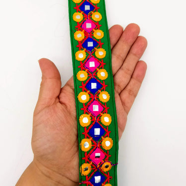 Green Multicoloured Indian Mirror Trim, Kutch Embroidered Navratri Garba Dress Trim Bridal Lace, Indian Sari Border 35 mm Wide Trim Per Yard